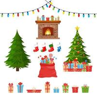 Noël salutations décoratif ensemble avec Noël objets - sapin arbre, cadeau des boites, des balles, guirlandes, chaussettes isolé sur blanc Contexte. vecteur illustration dans plat style