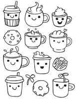 ensemble de mignonne tasses avec café, vecteur dessin dans griffonnage style, kawaii.