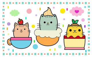 mignonne chat tasses dessin animé, animal nourriture éléments, plat conception style, vecteur illustration.