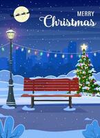 dessin animé Noël dans nuit ville parc, vide Publique jardin avec décoré sapins, banc et éclairage guirlandes. hiver vue de la ville paysage, vecteur