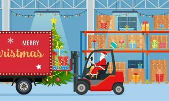 Père Noël claus chariot élévateur un camion chargement coloré cadeaux dans camion un camion joyeux Noël content Nouveau année Express livraison concept vecteur