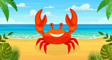 rouge dessin animé souriant Crabe sur une plage. vecteur illustration dans plat style