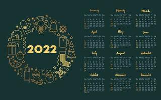 calendrier 2022, états-unis dans un style doré de luxe. grille de calendrier en anglais. icônes de contour de vecteur