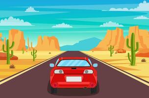 Autoroute route dans désert. sablonneux désert paysage avec route, rochers, voiture et cactus. été occidental américain paysage. Autoroute dans Arizona ou Mexique chaud sable. vecteur illustration dans plat style