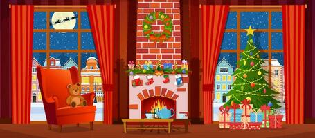Noël intérieur de le vivant pièce avec une Noël arbre, cadeaux et une cheminée. vecteur illustration