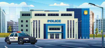 police station bâtiment avec patrouille voiture sur paysage urbain Contexte. police département Bureau et ville paysage dessin animé illustration vecteur