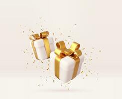 3d blanc cadeau des boites avec d'or ruban et arc et paillettes confettis. anniversaire fête concept. joyeux Nouveau année et joyeux Noël cadeau des boites avec d'or arcs. 3d le rendu. vecteur illustration