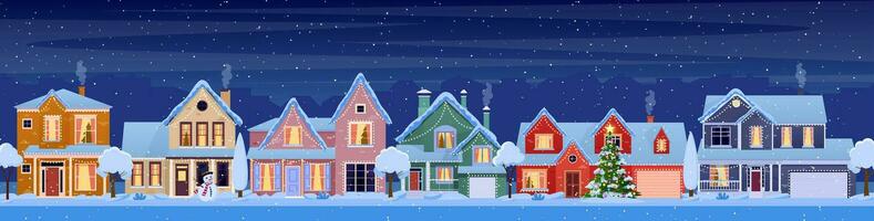 Résidentiel Maisons avec Noël décoration à nuit. dessin animé hiver paysage rue avec neige sur toits et vacances guirlandes, Noël arbre, bonhomme de neige. vecteur illustration