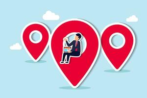 travail à distance ou travail à distance, bureau virtuel ou travail n'importe où, pigiste ou bureau en ligne, concept d'employé à l'étranger, homme d'affaires travaillant à distance avec un ordinateur portable sur la broche de la carte de localisation. vecteur