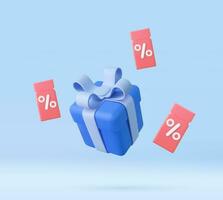 3d remise coupon avec pourcentage signe et en volant cadeaux boîte. pour en ligne Ventes et favorable des prix. bon carte modèle conception avec coupon code promotion. 3d le rendu. vecteur illustration