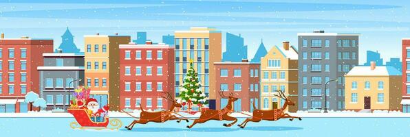 content Nouveau année et joyeux Noël hiver ville rue. Noël ville ville panorama. Père Noël claus avec cerfs. vecteur illustration dans plat style