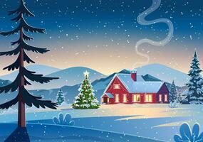 une maison dans une neigeux Noël paysage à nuit. Noël arbre. concept pour salutation ou postal carte vecteur