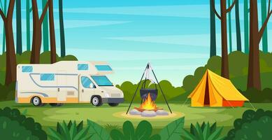 été camp dans forêt avec feu, tente, van. dessin animé paysage , forêt et site de camp. équipement pour Voyage. vecteur illustration dans plat style