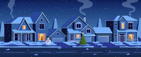 Résidentiel Maisons avec Noël décoration à nuit. dessin animé hiver paysage rue avec neige sur toits et vacances guirlandes, Noël arbre, bonhomme de neige. vecteur illustration