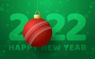 2022 bonne année. carte de voeux de sport avec une balle de cricket sur le fond de luxe avec flocon de neige. illustration vectorielle. vecteur