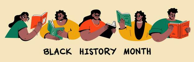 une ensemble de mises en page avec africain les Américains. noir Hommes et femmes lis livres. noir histoire mois. dessin animé, plat, vecteur illustration.
