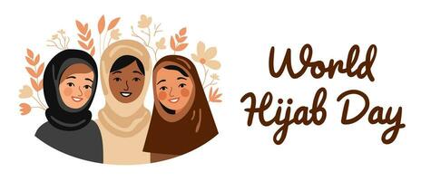 couvert les filles dans hijab en portant fleurs. international hijam journée. Trois musulman femmes sont souriant. plat, dessin animé, vecteur. vecteur