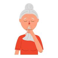 Sénior femme soufflant nez. grippe ou du froid symptômes dans malade personnes. vecteur illustration de mauvais pour la santé la personne