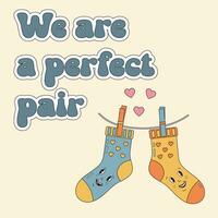 romantique paire de mignonne chaussettes dans l'amour avec cœurs dans rétro hippie sensationnel style. je l'amour vous Valentin journée carte. romantique couple, parfait paire concept. mignonne salutation carte, affiche, cadeau étiqueter. vecteur