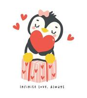 mignonne manchot Valentin avec rouge cœur dessin animé dessin, kawaii animal personnage illustration. vecteur