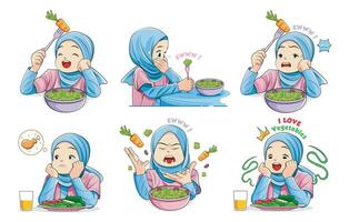 en bonne santé aliments. collection de des illustrations de expressions de les enfants portant hijab en mangeant des légumes vecteur