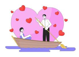 romantique Date nuit sur Lac 2d linéaire illustration concept. asiatique Jeune couple amoureux dessin animé personnages isolé sur blanche. gondole pagayer métaphore abstrait plat vecteur contour graphique