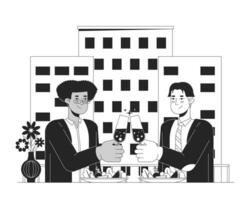 valentines gay couple dîner noir et blanc dessin animé plat illustration. diverse copains pain grillé Champagne 2d lineart personnages isolé. restaurant Date 14 l'amour monochrome scène vecteur contour image