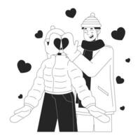 copain couvrant petite amie yeux devine qui noir et blanc dessin animé plat illustration. du froid temps asiatique couple 2d lineart personnages isolé. romantique hiver monochrome scène vecteur contour image