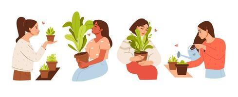 femmes admirer, l'eau et étreinte le mis en pot les plantes. Accueil jardinage et croissance plantes d'intérieur. biologique jardinage. respectueux de la nature concept. vecteur illustration.