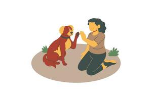 femme en jouant avec sa chien sur sol plat vecteur illustration isolé pour animaux favoriser et adoption concept conception