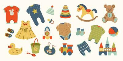 bébé jouets et vêtements ensemble dans main tiré style. différent Vêtements pour des gamins et nourrissons. bébé vêtements et accessoires. enfance, les enfants Jeux, préscolaire Activités concept. isolé éléments. vecteur