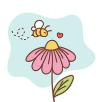 une mignonne abeille en volant vers une fleur. fleur et abeille. main main dessin de une abeille polliniser une fleur. vecteur