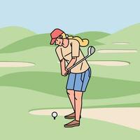 Jeune femme en jouant le golf sur le cours ligne style illustration vecteur