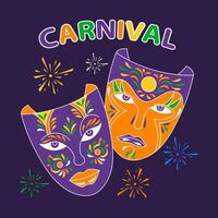 masques de carnaval sur fond de feux d'artifice, carnaval, mardi gras. illustration festive, bannière, carte postale, vecteur