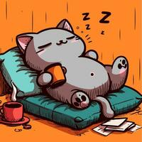 dessin de une somnolent chat pose sur une oreiller avec une café tasse dans le main. vecteur de une dessin animé anthropomorphe minou en train de dormir sur une lit