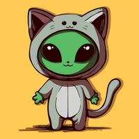 dessin animé personnage de un extraterrestre portant une kawaii chat costume. anthropomorphe animal portant une costume, Halloween concept. vecteur