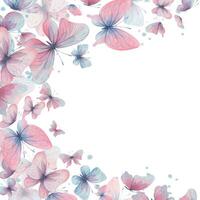 papillons sont rose, bleu, lilas, en volant, délicat avec ailes et éclaboussures de peindre. main tiré aquarelle illustration. cadre, modèle, couronne sur une blanc arrière-plan, pour conception vecteur