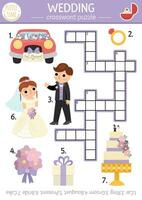 vecteur mariage mots croisés puzzle pour enfants. Facile mariage la cérémonie quiz pour les enfants. mariage éducatif activité avec la mariée et jeune marié. famille vacances traverser mot avec traditionnel symboles