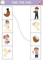 mariage correspondant à activité pour les enfants. amusement puzzle avec mignonne juste marié des couples. mariage la cérémonie éducatif jeu, imprimable feuille de travail pour des gamins avec l'amour thème. trouver le paire vecteur