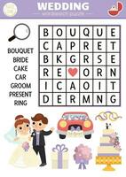 vecteur mariage recherche de mot puzzle pour enfants. Facile mot chercher quiz avec mariage la cérémonie paysage pour les enfants. éducatif activité avec mariée, marié, gâteau. traverser mot avec traditionnel symboles