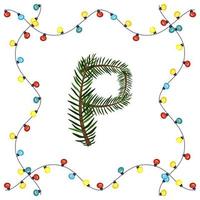 lettre p de branches vertes d'arbres de Noël. police festive et cadre de guirlande, symbole de bonne année et de noël, signe de l'alphabet vecteur