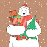 Noël carte, saisons salutations. polaire ours détient cadeaux dans ses pattes. hiver vente, achats. vecteur