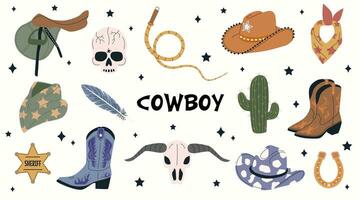 main tiré vecteur cow-boy accessoires et les attributs. collection de rétro éléments. cow-boy occidental et sauvage Ouest thème. ensemble de cow-boy chapeau, bottes, cactus, lasso, vache crâne, fer à cheval, selle, plume.