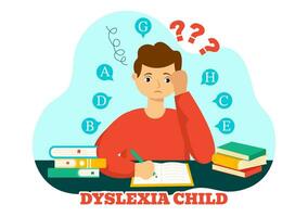 dyslexie les enfants vecteur illustration de des gamins dyslexie désordre et difficulté dans apprentissage en train de lire avec des lettres en volant en dehors dans plat dessin animé Contexte