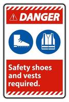 Signe de danger chaussures de sécurité et gilet requis avec symboles ppe sur fond blanc, illustration vectorielle vecteur