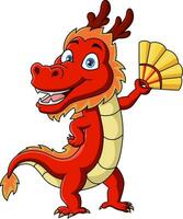mignonne rouge dragon dessin animé en portant chinois ventilateur vecteur
