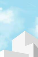 ciel bleu et nuage avec blanc podium marche, plate-forme 3d maquette afficher étape pour été cosmétique produit présentation pour vente, promotion, web en ligne, scène la nature printemps ciel avec bâtiment mur vecteur