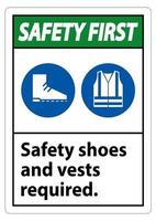 Premier signe de sécurité chaussures de sécurité et gilet requis avec symboles ppe sur fond blanc, illustration vectorielle vecteur