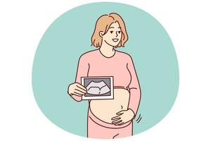 femme enceinte souriante toucher le ventre montrer l'analyse de l'embryon. heureuse future maman tient une image échographique de bébé. grossesse et maternité. illustration vectorielle. vecteur