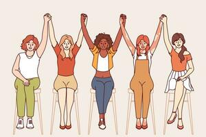 équipe de diverse femmes élever mains ensemble comme signe de unité et cohésion parmi femelle communauté vecteur